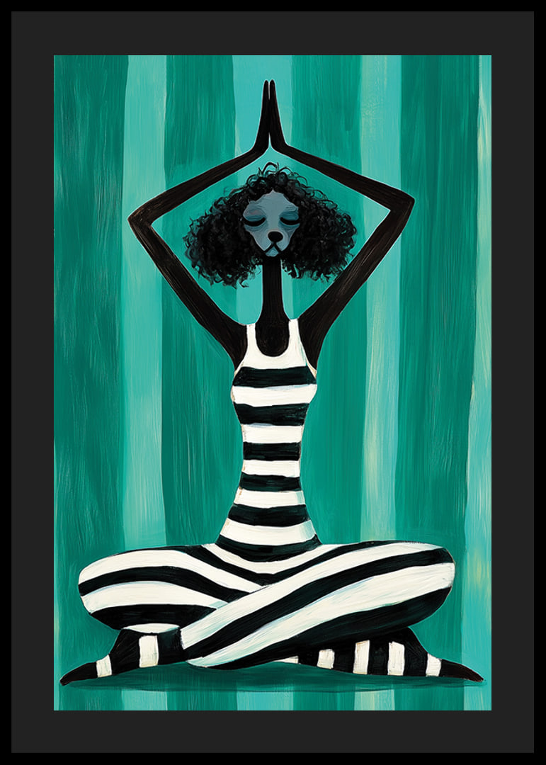 A harmonious figure in stripes finds peace in the movement of meditation against a turquoise background-12