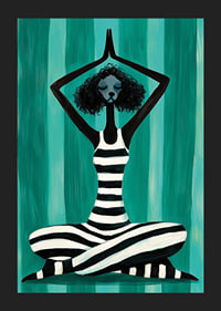 A harmonious figure in stripes finds peace in the movement of meditation against a turquoise background-5