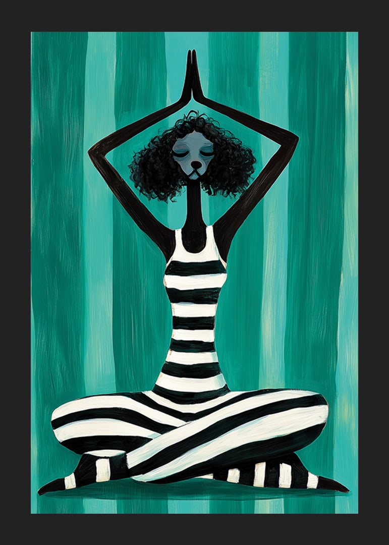 A harmonious figure in stripes finds peace in the movement of meditation against a turquoise background-12