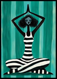 A harmonious figure in stripes finds peace in the movement of meditation against a turquoise background-6