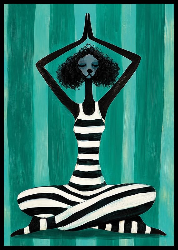 A harmonious figure in stripes finds peace in the movement of meditation against a turquoise background-12