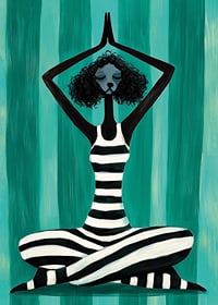 A harmonious figure in stripes finds peace in the movement of meditation against a turquoise background-7