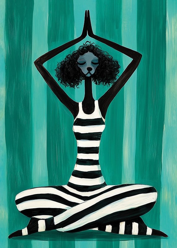 A harmonious figure in stripes finds peace in the movement of meditation against a turquoise background-12