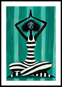 A harmonious figure in stripes finds peace in the movement of meditation against a turquoise background-0