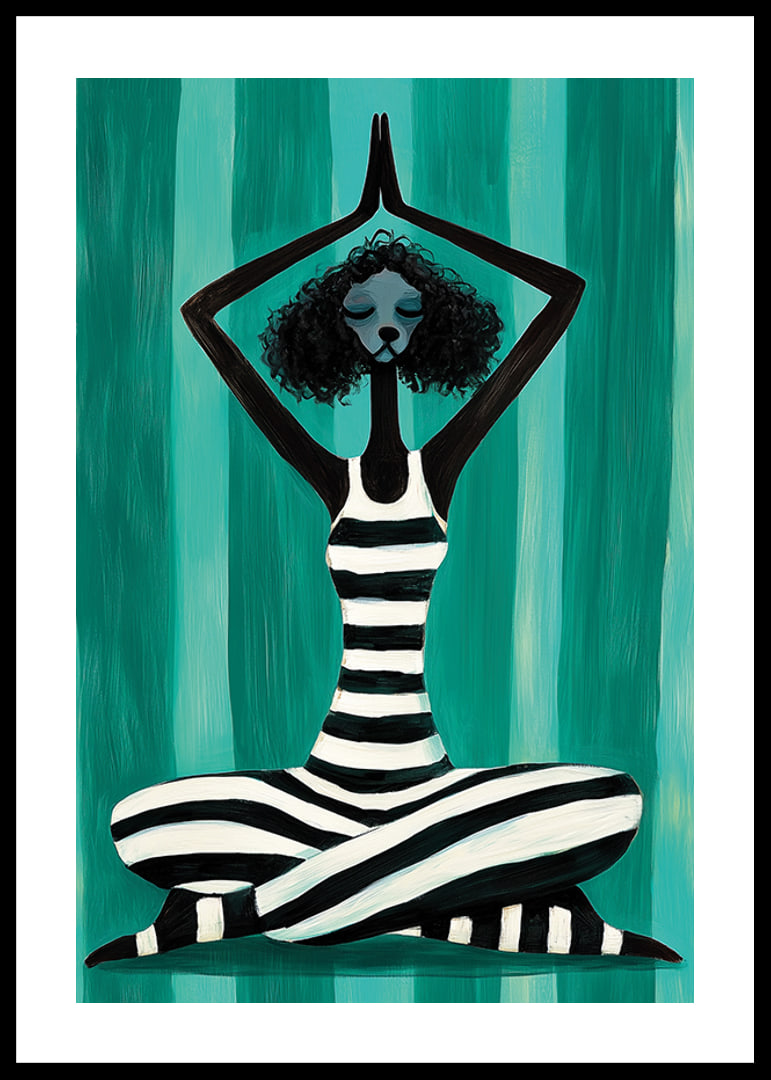 A harmonious figure in stripes finds peace in the movement of meditation against a turquoise background-12