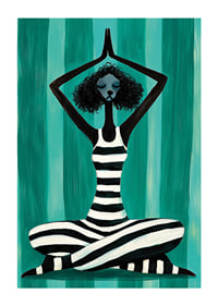 A harmonious figure in stripes finds peace in the movement of meditation against a turquoise background-1