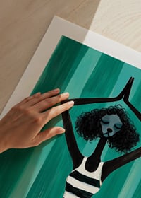 A harmonious figure in stripes finds peace in the movement of meditation against a turquoise background-9