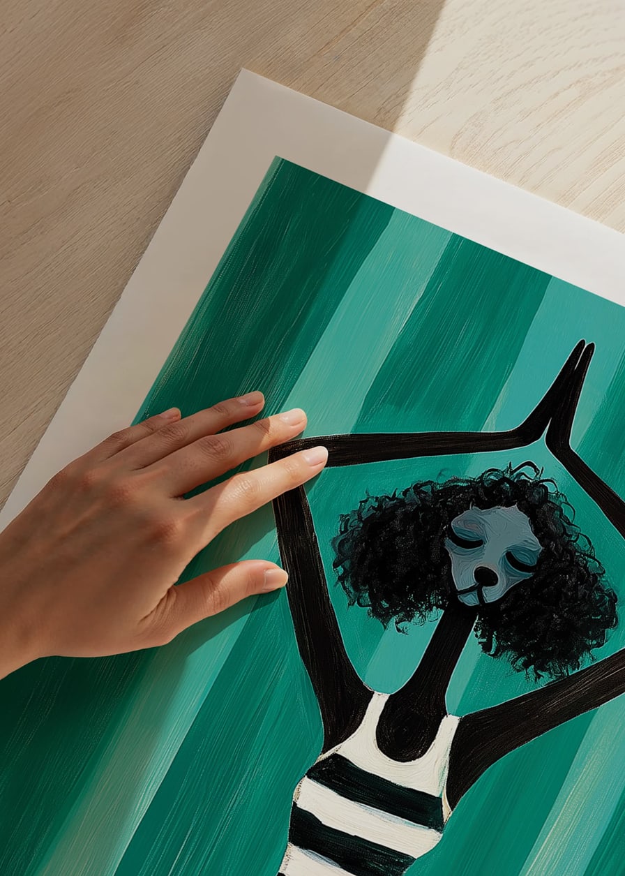 A harmonious figure in stripes finds peace in the movement of meditation against a turquoise background-12