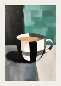 Een stijlvolle mok in zwart-wit tegen een abstracte achtergrond-3