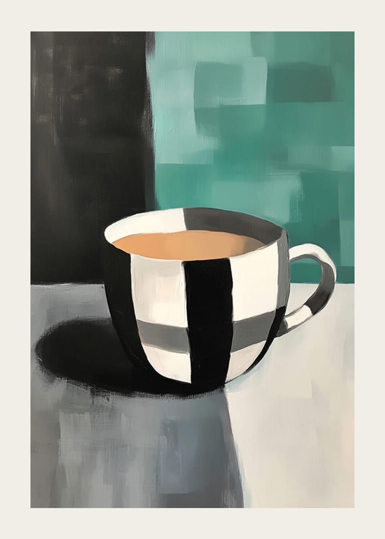 Een stijlvolle mok in zwart-wit tegen een abstracte achtergrond-12