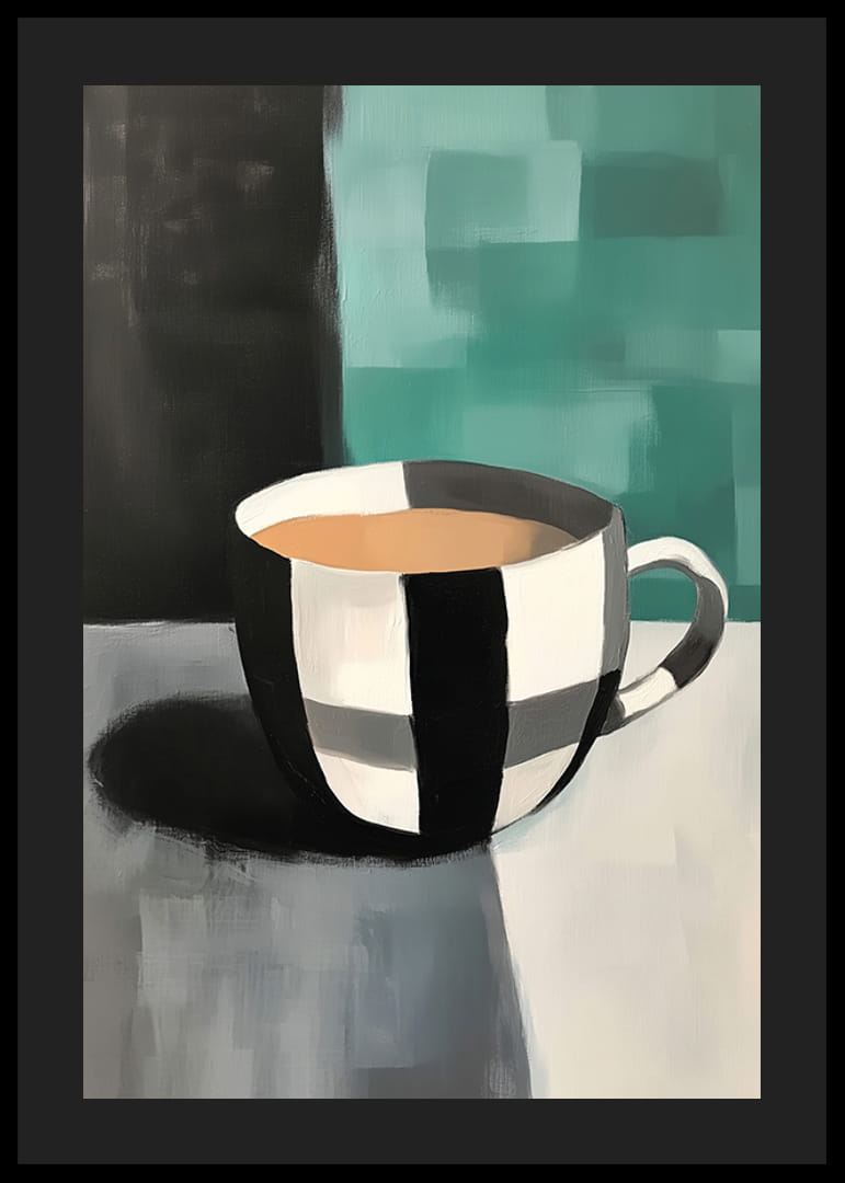 Een stijlvolle mok in zwart-wit tegen een abstracte achtergrond-12