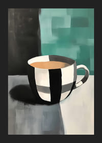 Een stijlvolle mok in zwart-wit tegen een abstracte achtergrond-5