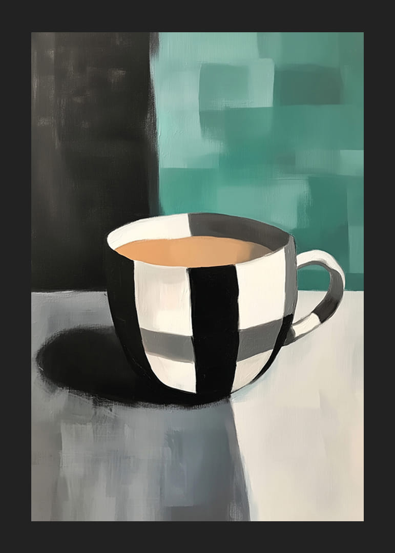 Een stijlvolle mok in zwart-wit tegen een abstracte achtergrond-12