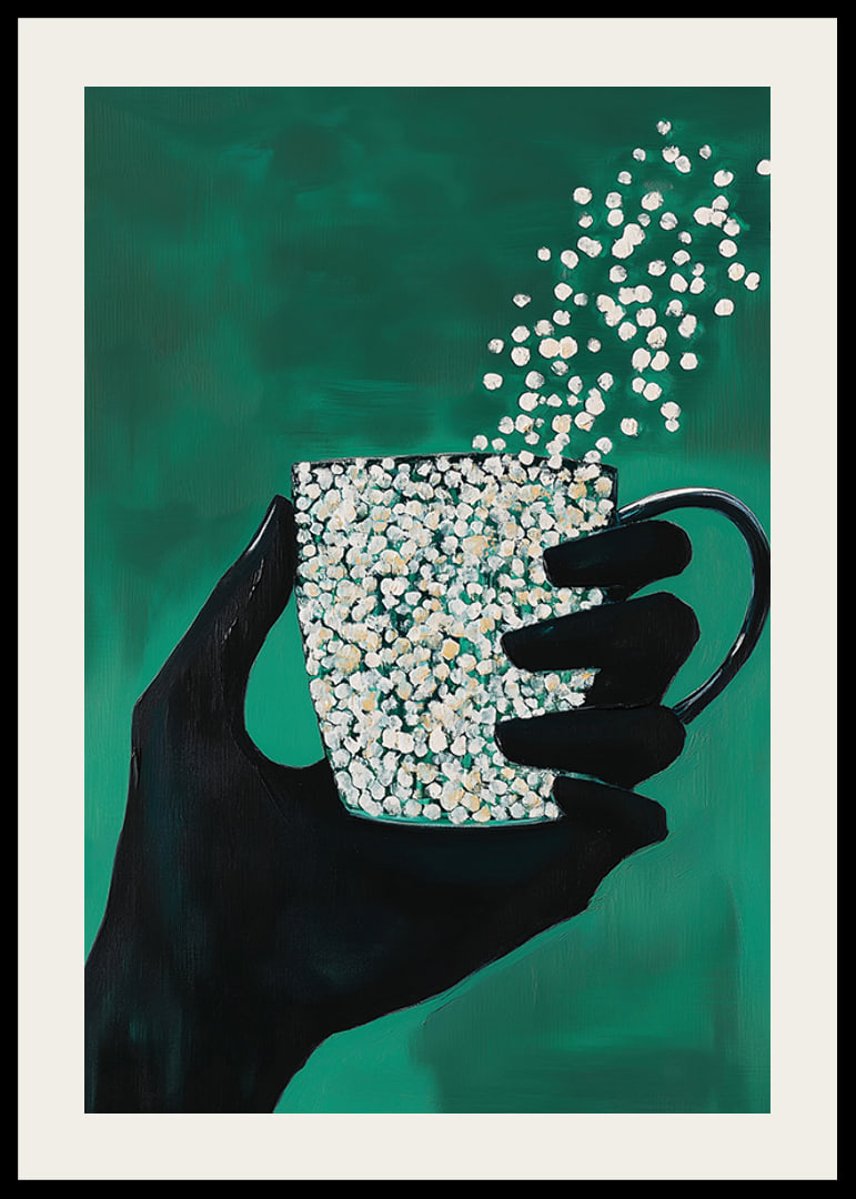 A silhouette hand holding a magic cup on a deep green background-12