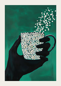 A silhouette hand holding a magic cup on a deep green background-3