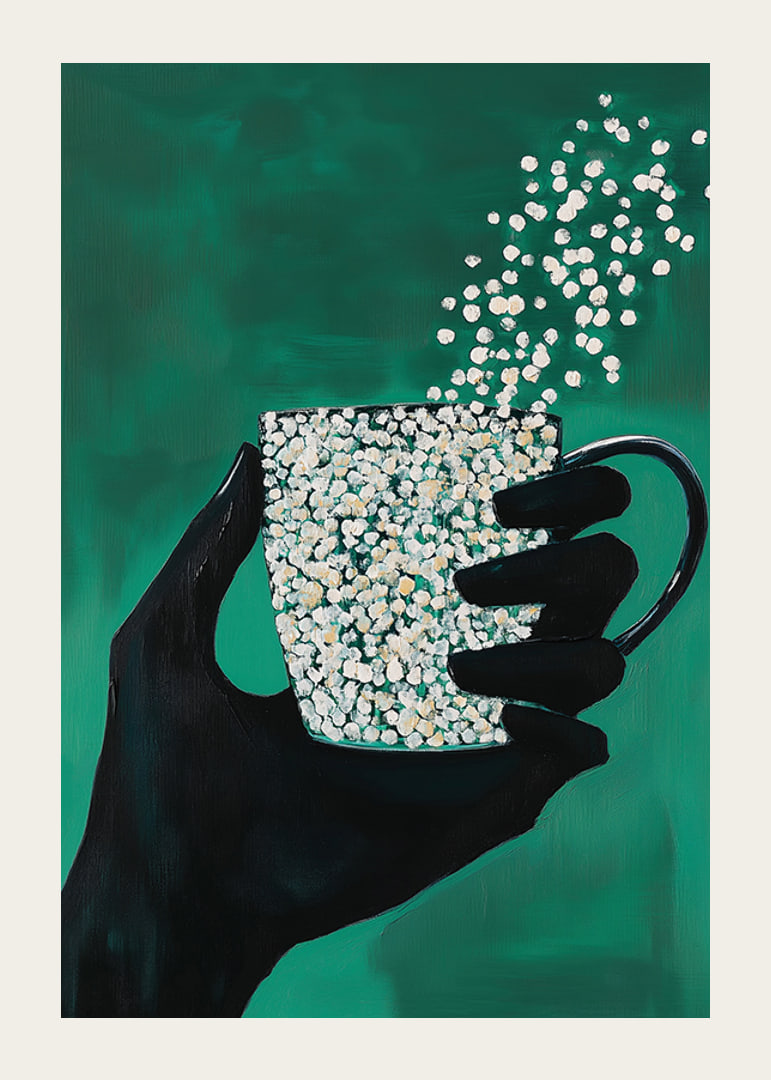 A silhouette hand holding a magic cup on a deep green background-12