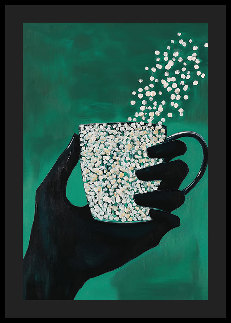 A silhouette hand holding a magic cup on a deep green background-12