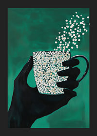 A silhouette hand holding a magic cup on a deep green background-5