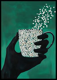 O mână de siluetă care ține o ceașcă magică pe un fundal verde intens-2