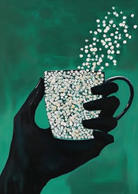 A silhouette hand holding a magic cup on a deep green background-7