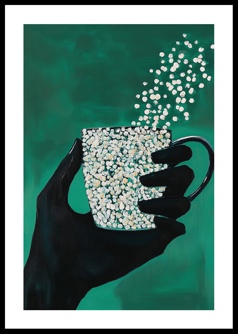 A silhouette hand holding a magic cup on a deep green background-12