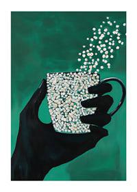 A silhouette hand holding a magic cup on a deep green background-1