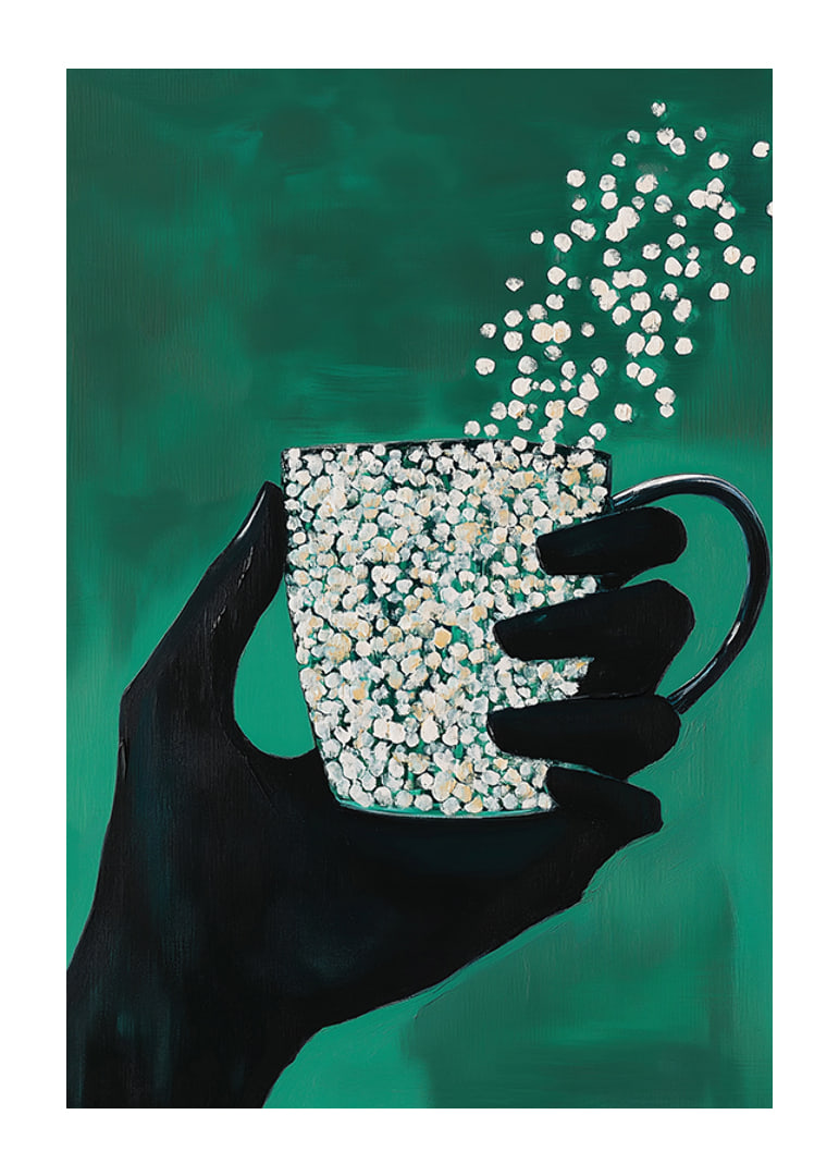 A silhouette hand holding a magic cup on a deep green background-12