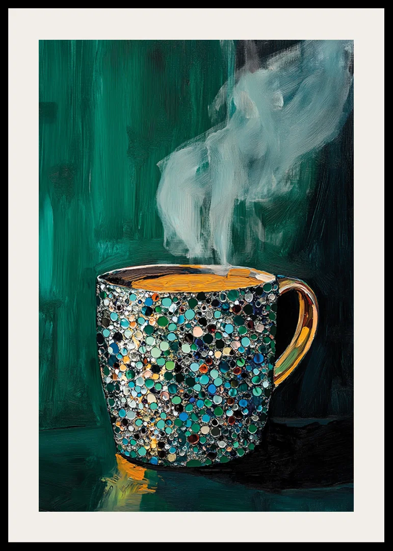 Sparkling coffee cup creates warmth and charm in deep, emerald green tones-12
