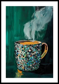 Sparkling coffee cup creates warmth and charm in deep, emerald green tones-0