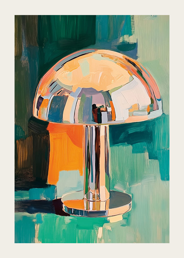 Färgstark lampa i oljemålning ger rummet en retro och sofistikerad känsla-12