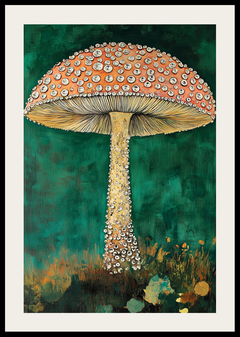 En förtrollande svamp glittrar mot en djupgrön bakgrund, magisk och iögonfallande-12