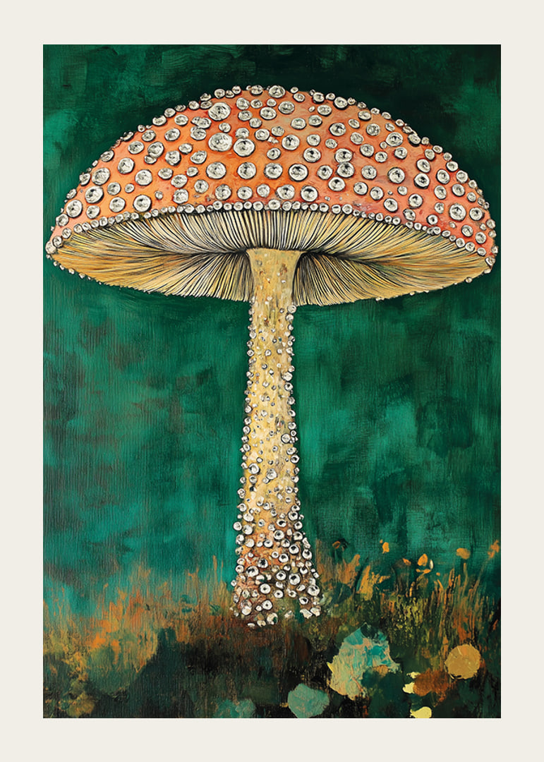 An enchanting mushroom sparkles against a deep green background, magical and eye-catching-12