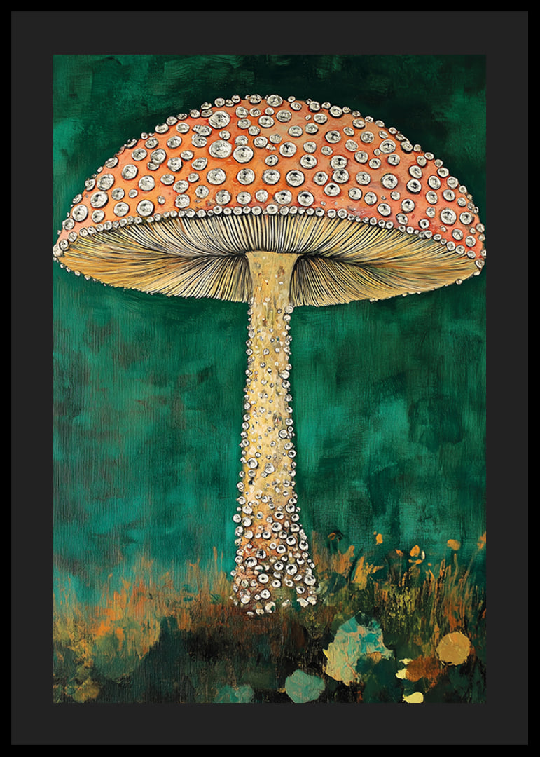 An enchanting mushroom sparkles against a deep green background, magical and eye-catching-12