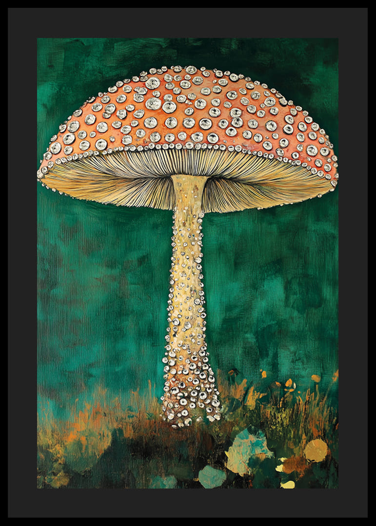 En förtrollande svamp glittrar mot en djupgrön bakgrund, magisk och iögonfallande-12