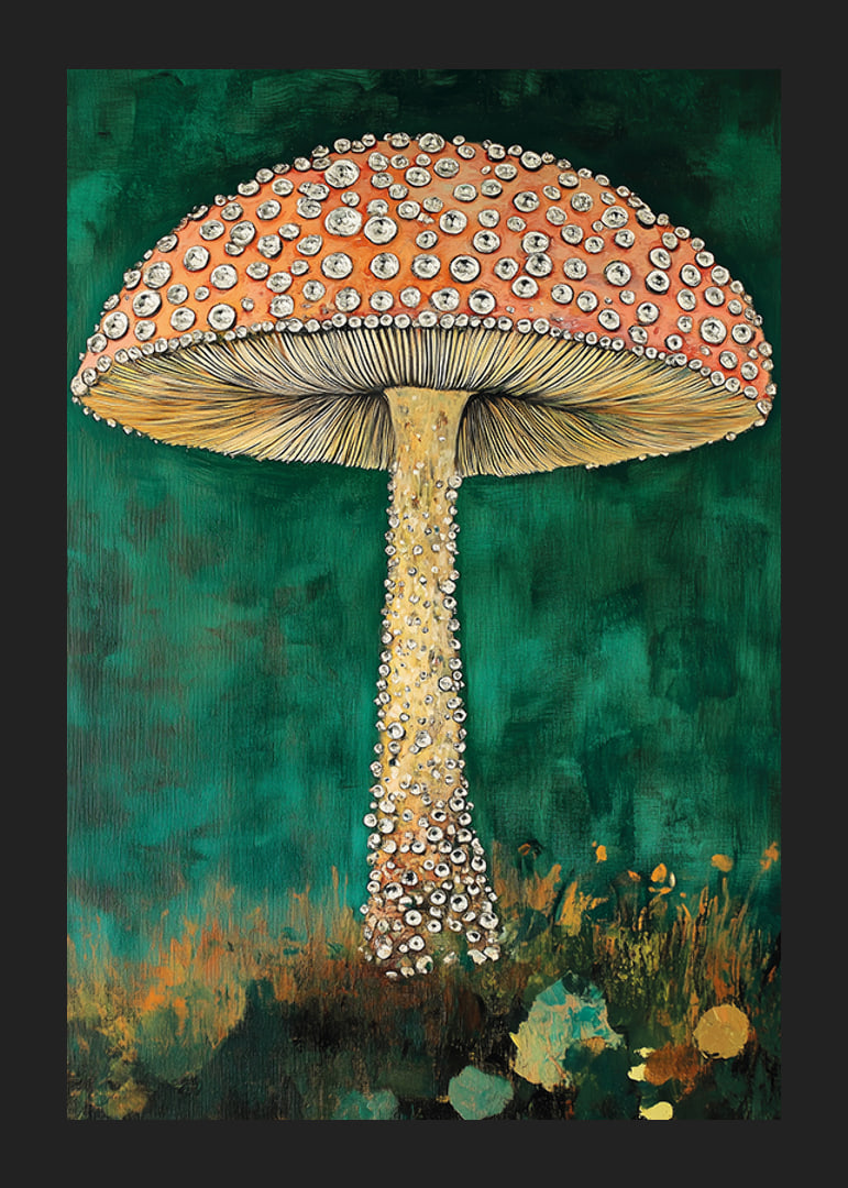 An enchanting mushroom sparkles against a deep green background, magical and eye-catching-12