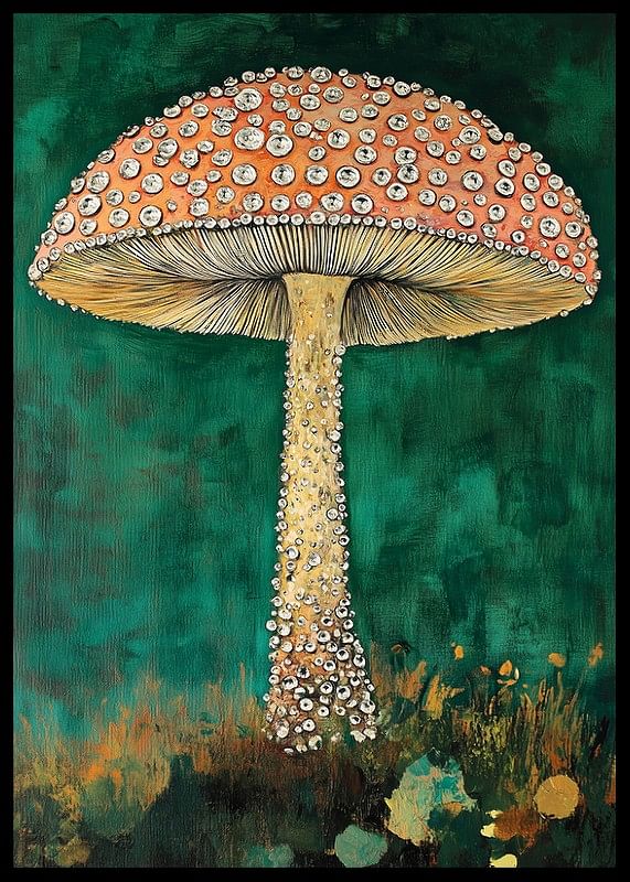 O ciupercă încântătoare strălucește pe un fundal verde intens, magic și atrăgător-12