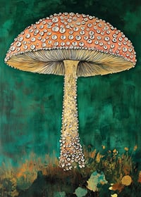 An enchanting mushroom sparkles against a deep green background, magical and eye-catching-7