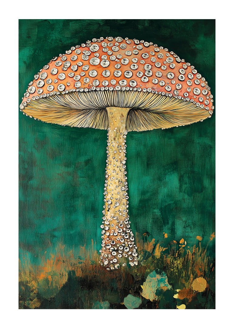 An enchanting mushroom sparkles against a deep green background, magical and eye-catching-12