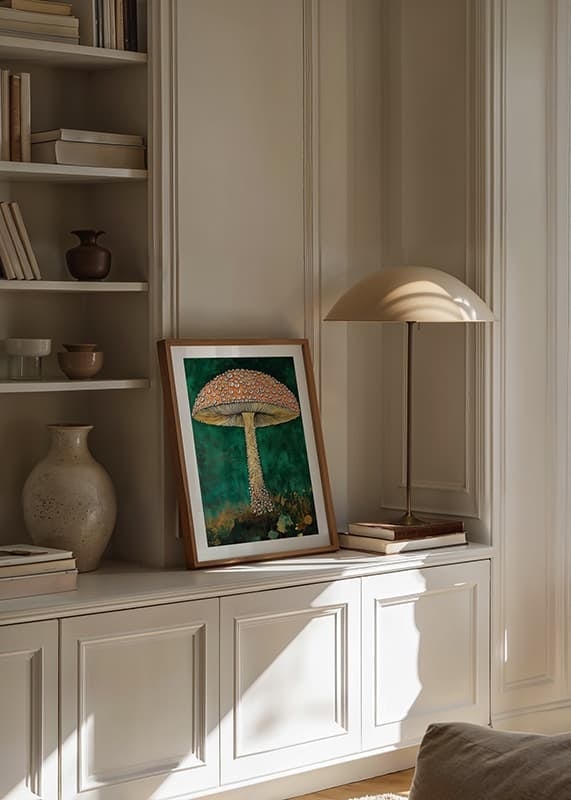An enchanting mushroom sparkles against a deep green background, magical and eye-catching-12