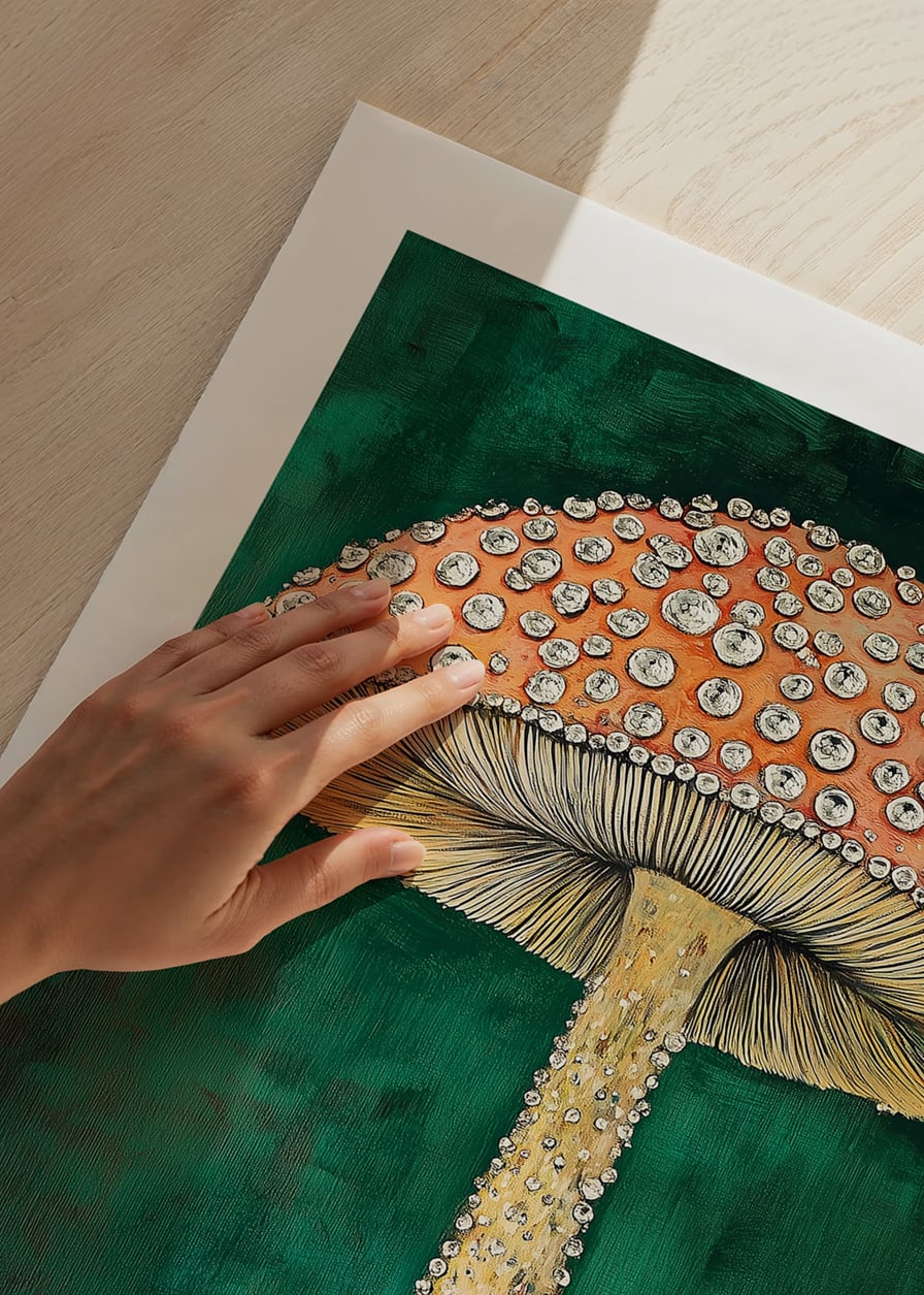 An enchanting mushroom sparkles against a deep green background, magical and eye-catching-12