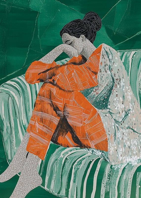 Een vrouw in oranje kleding leunt peinzend tegen een bank met een patroon-12