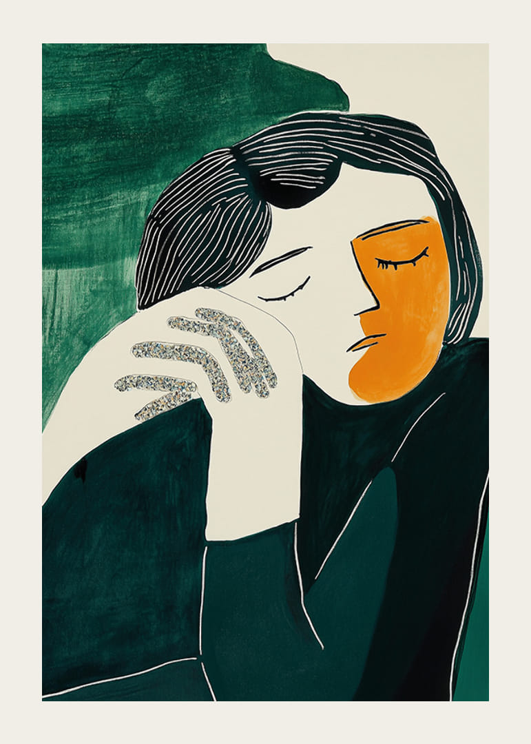 A stilizált portré nyugalmat és megfontoltságot örökít meg mély színekben-12