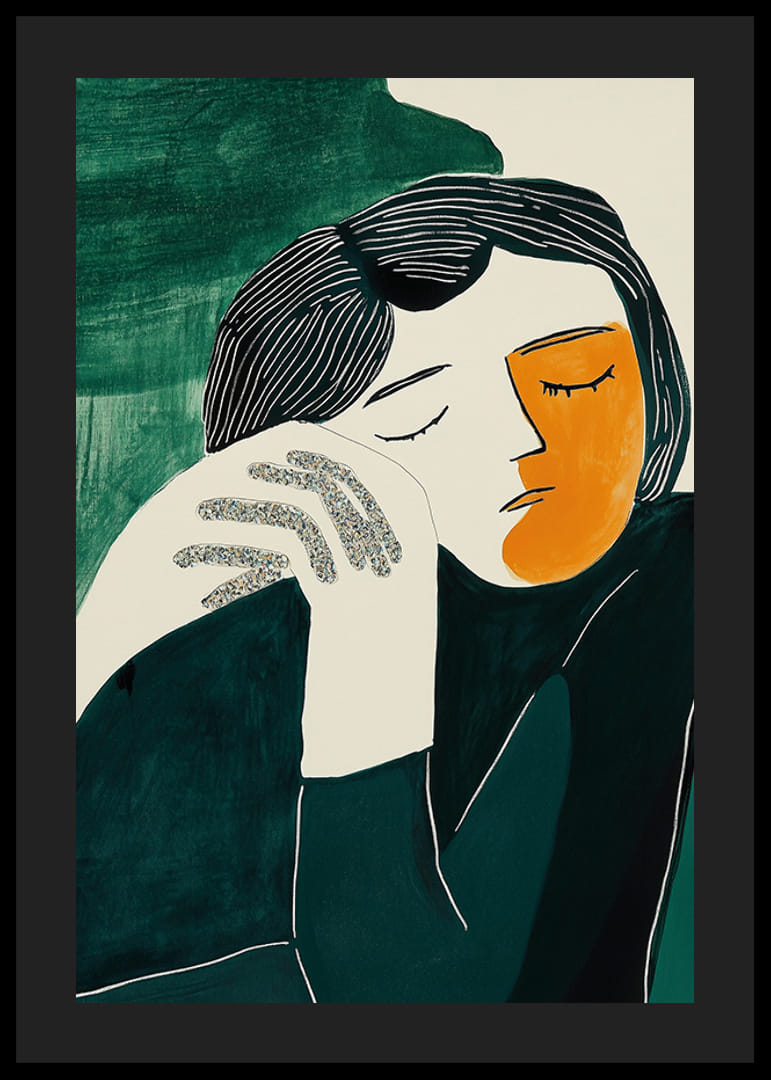 A stilizált portré nyugalmat és megfontoltságot örökít meg mély színekben-12