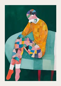 Colorful figure in thoughtful pose captures emotional reflection-3