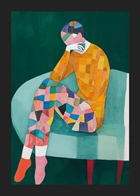 Colorful figure in thoughtful pose captures emotional reflection-5