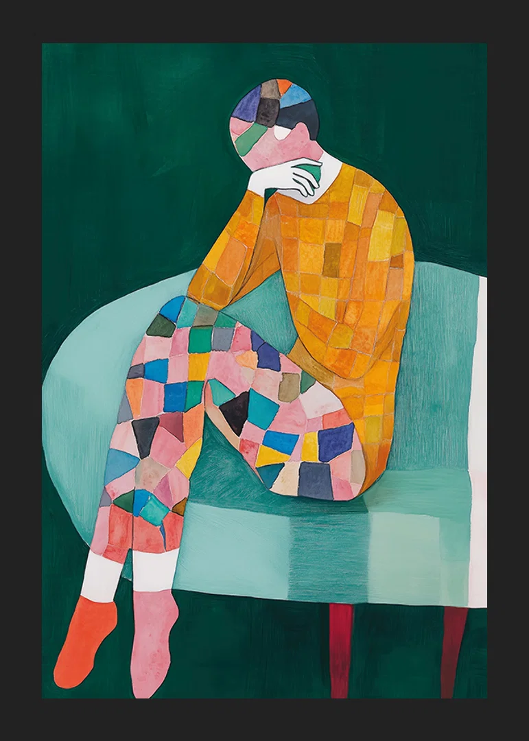 Colorful figure in thoughtful pose captures emotional reflection-12