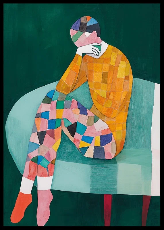 Colorful figure in thoughtful pose captures emotional reflection-12