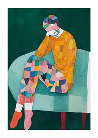 Colorful figure in thoughtful pose captures emotional reflection-1