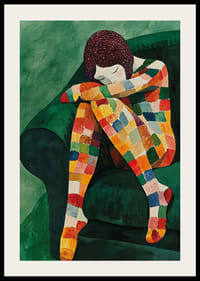 A színes négyzetek zöld tónusokkal harmóniában ölelnek át egy töprengő figurát-2