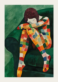 A színes négyzetek zöld tónusokkal harmóniában ölelnek át egy töprengő figurát-3